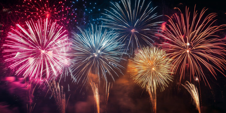 Colorful fireworks exploding in night sky during celebration  