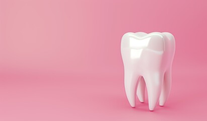 A clean white tooth standing on a pink background, representing dental hygiene, oral care, beauty, and perfect healthy teeth.