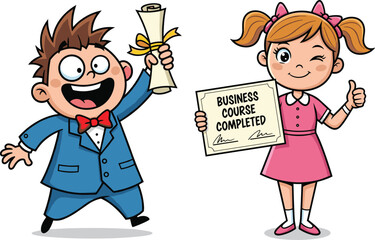 Cartoon kids celebrating business course completion, success education illustration, achievement concept, children holding diploma certificate, business learning for kids