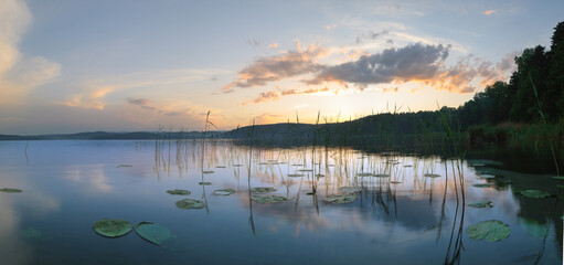 Beautiful summer sunset over Barauz Lake, with calm water, reeds, and floating water lilies reflecting the soft evening sky.