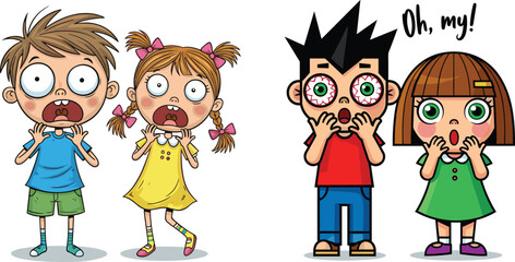 Cartoon surprised kids with shocked expressions, funny reaction faces of children, emotional illustration of amazed boy and girl characters, comic drawing for education design concept