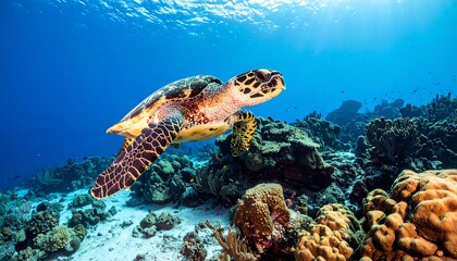 Sea turtle gracefully glides amidst vibrant coral reef, bathed in sunlight filtering through the clear, blue ocean water