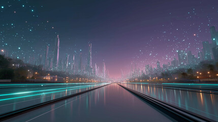 Fototapeta premium Metropolis at Twilight: A vibrant cityscape stretches towards the horizon, framed by the starry sky, with trails of light adding a sense of speed and dynamism. 