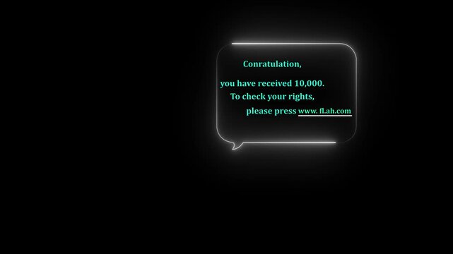 Neon speech bubble with congratulatory message and currency amount on dark background notification congratulation