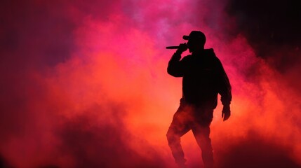 A rapper delivers an energetic performance amidst colorful smoke and lights at a lively concert.
