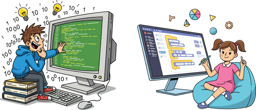 Cute cartoon kids learning computer programming, coding education for children, technology concept, digital skills development, STEM learning illustration, creative coding design, online learning art - Powered by Adobe