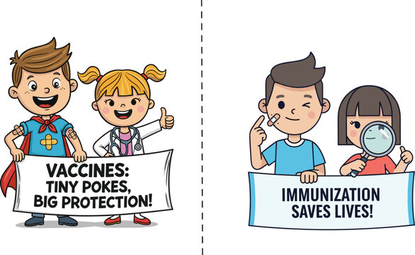 Cute cartoon kids promoting vaccines and immunization awareness, health care education, medical protection concept, vaccination benefits, disease prevention illustration, healthy lifestyle art design