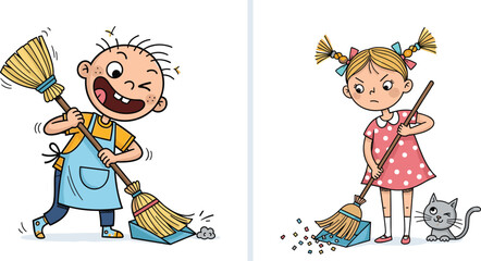 Happy and grumpy kids sweeping floor with broom, children cleaning room cartoon illustration, boy and girl doing household chores and fun home activity together