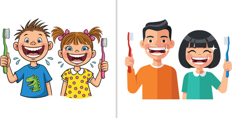 Happy children and adults brushing teeth, smiling faces with toothbrushes, dental hygiene, oral care education, cartoon and flat style illustration promoting healthy brushing habits daily