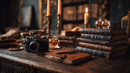 A warm and inviting study features antique books a vintage camera and glowing candles on a wooden desk.
