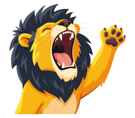 Majestic lion with open mouth and raised paw, expressing power and a mighty roar.