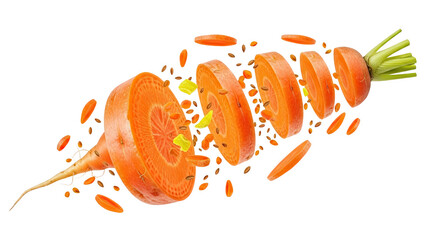 Fresh orange carrot sliced and levitating in mid air with small pieces scattered around isolated on transparent background