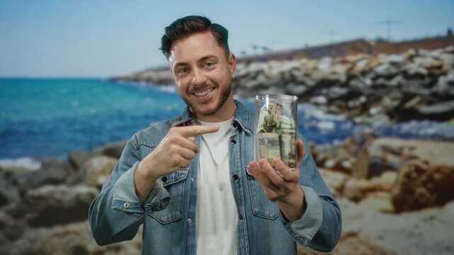 Young man at seaside holding money jar smiling with thumb up against scenic beach and ocean background expressing financial success outdoors