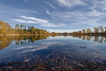 View of Hejlovsk&yacute; Pond, November afternoon, slightly cloudy sky, lower water level before fishing