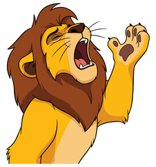 Majestic lion with open mouth in a powerful yawn, showing its impressive mane and paw.