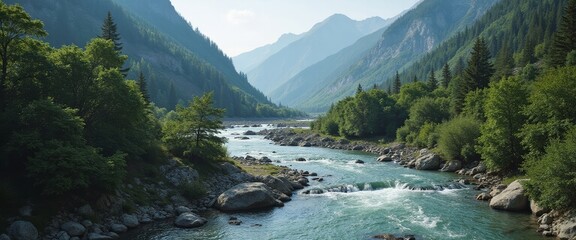 Serene river flowing through mountains under clear sky background