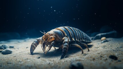 Giant deep sea isopod walking on sandy seabed, mysterious marine creature in dark ocean