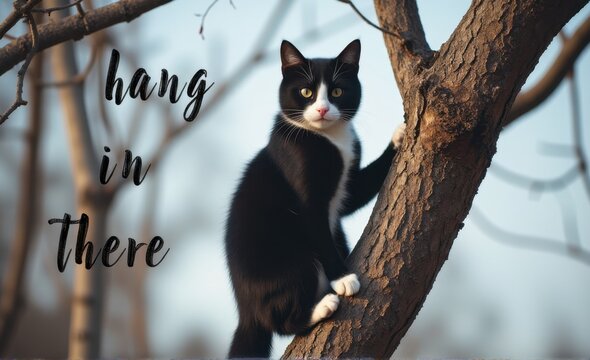Cute Kitten Holding Onto Branch, Inspirational Pet Stock Image
