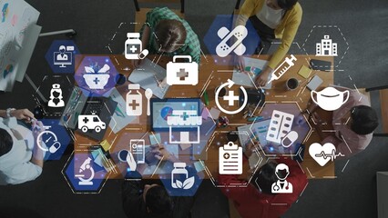 Online pharmacy icons showing medicine, healthcare, prescription and medical services with digital...