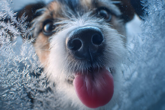 Playful dog with nose and tongue pressed against frosted window in winter scene