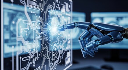 A futuristic robotic hand interacts with a glowing digital interface, symbolizing artificial intelligence and advanced technology