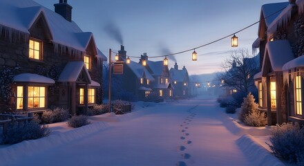 A serene winter evening in a quaint village, snowcovered houses adorned with icicles and warmly lit windows, footprints lead down the snowy lane under a string of glowing lanterns