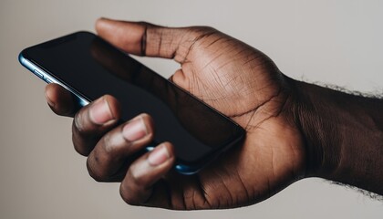 Close Up of Dark Skinned Hand Holding Black Smartphone with Blurred Background