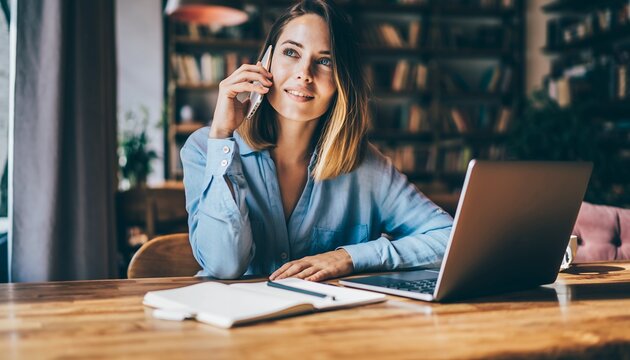 Young Woman Sitting at Desk Talking on Phone in Cozy Library Office - Powered by Adobe
