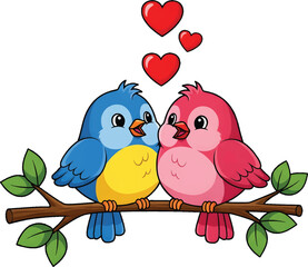 Adorable Blue and Pink Birds with Hearts