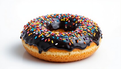 A donut with black frosting and colorful sprinkles, isolated on white