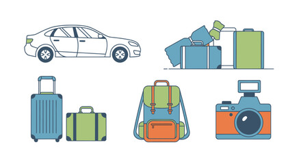 Collection of Travel Essentials: Car Luggage Backpack and Camera.