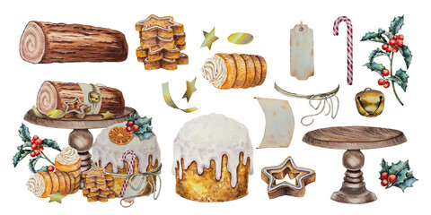 Watercolor Christmas set sweets yule log cake panetone gingerbread cookie trdelnik pastries holly branches dried orange slices and candy cane on wooden cake stand. packaging holiday kitchen decor.