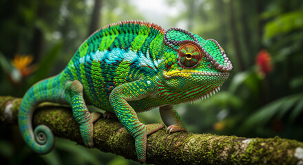 colorful chameleon on a tree branch