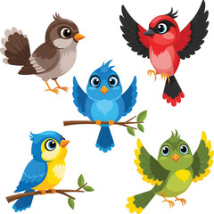 Cheerful Vector Illustration of Colorful Cartoon Birds in Playful Poses