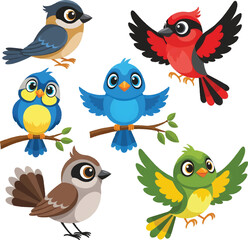 Cheerful Vector Illustration of Colorful Cartoon Birds in Playful Poses