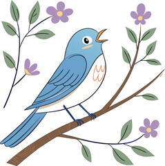 Vibrant Blue Bird with Green Leaves and Flowers