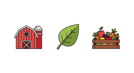 Farm Barn Green Leaf and Crate of Fresh Vegetables and Fruits Illustration.