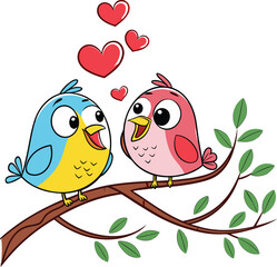 Adorable Blue and Pink Birds with Hearts