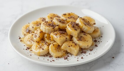 Sliced bananas with cheese glaze and shredded chocolate on white plate, isolated on white background
