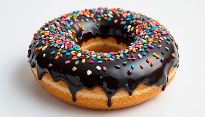 A donut with black frosting and colorful sprinkles, isolated on white	