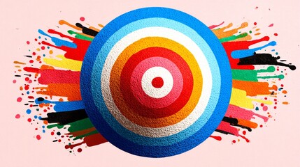 A colorful circular design with concentric rings surrounded by vibrant paint splashes