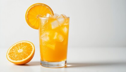 fresh orange juice in glass, isolated on white