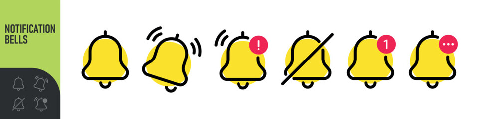 Notification bells icon. Ringing bell with new notification for alarm clock and smartphone application alert or new message. Bells is shaking to alert new notifications, ​for web site, logo, app, UI