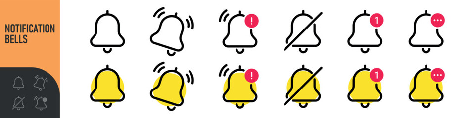 Notification bells icon. Ringing bell with new notification for alarm clock and smartphone application alert or new message. Bells is shaking to alert new notifications, ​for web site, logo, app, UI