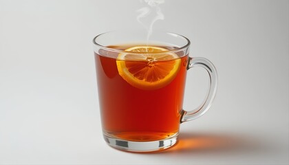 Glass cup of hot tea with steam and lemon slice, isolated on white background