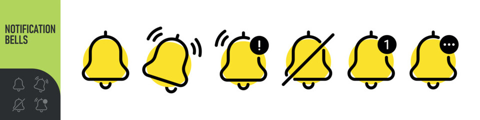 Notification bells icon. Ringing bell with new notification for alarm clock and smartphone application alert or new message. Bells is shaking to alert new notifications, ​for web site, logo, app, UI