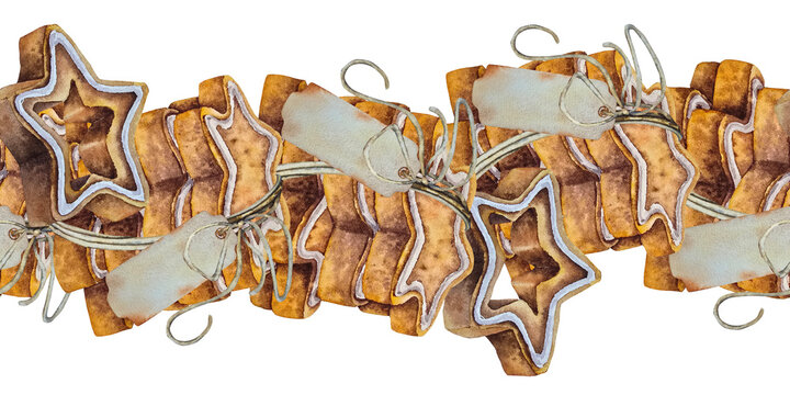 Watercolor seamless border with gingerbread star cookies tied with rustic strings and blank gift tags. Perfect for packaging, wrapping, holiday textiles, and Christmas decor.