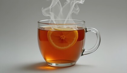 Glass cup of hot tea with steam and lemon slice, isolated on white background