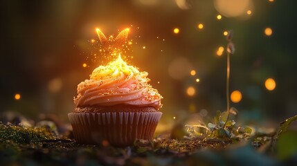 A glowing cupcake with orange frosting and magical fairy dust, set in a whimsical forest with bokeh lights