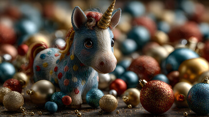 Unicorn Surrounded by Shimmering Christmas Ornaments – Cute Fantasy Holiday Illustration